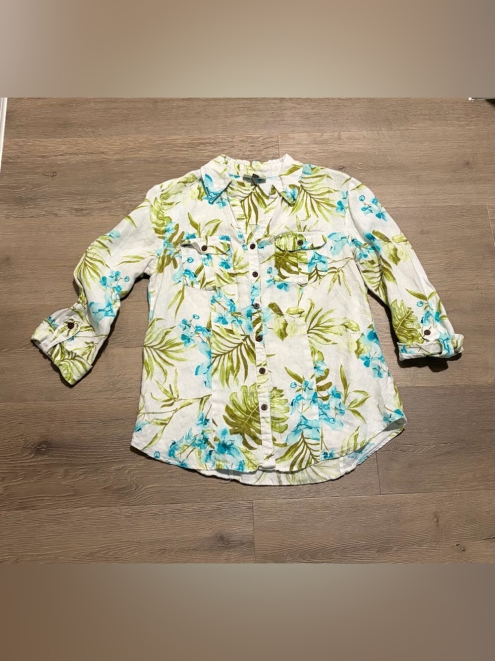 JM Collection White Shirt with Green and Aqua Tropical Print